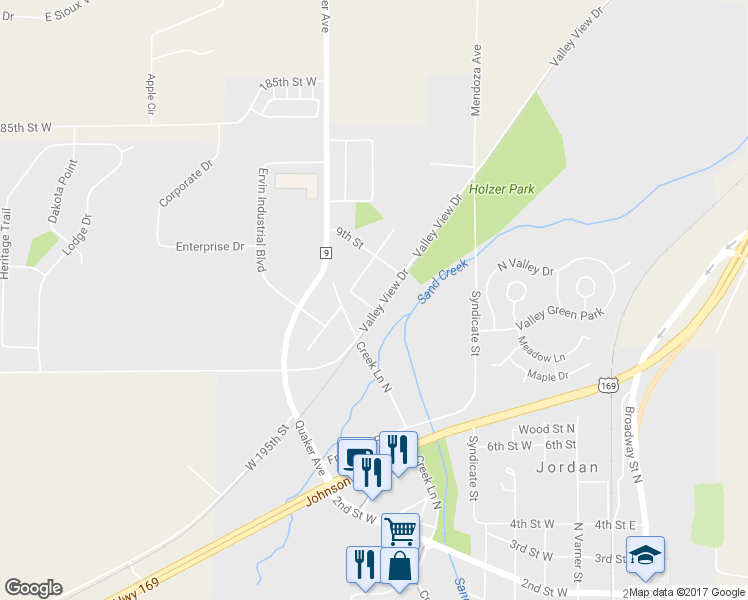 map of restaurants, bars, coffee shops, grocery stores, and more near 220 Valley View Drive in Jordan