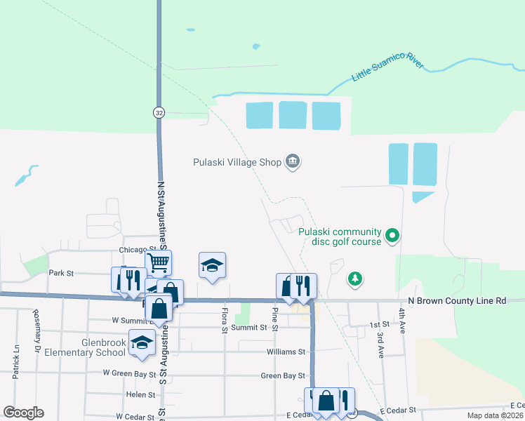 map of restaurants, bars, coffee shops, grocery stores, and more near 251 North Wisconsin Street in Pulaski