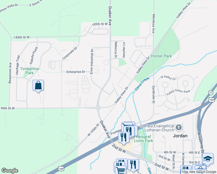map of restaurants, bars, coffee shops, grocery stores, and more near 915 Seventh Street in Jordan