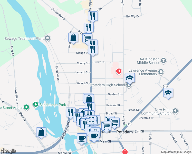 map of restaurants, bars, coffee shops, grocery stores, and more near 102 Market Street in Potsdam