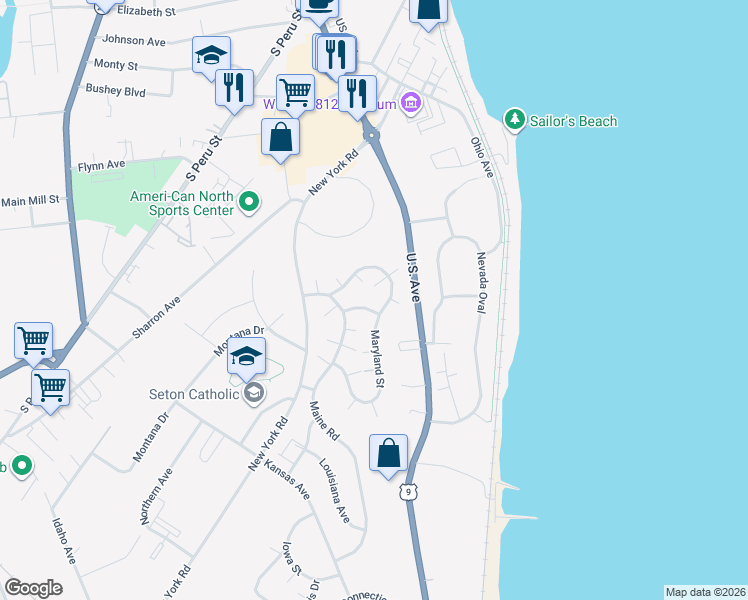 map of restaurants, bars, coffee shops, grocery stores, and more near 58 Maryland Road in Plattsburgh