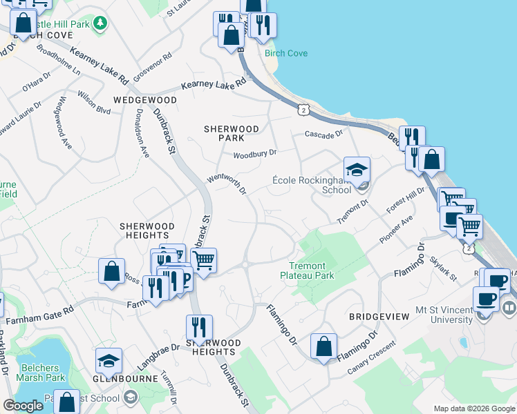 map of restaurants, bars, coffee shops, grocery stores, and more near 131 Wentworth Drive in Halifax