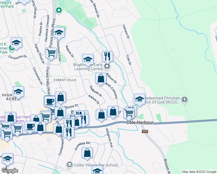 map of restaurants, bars, coffee shops, grocery stores, and more near 75 Amaranth Crescent in Dartmouth