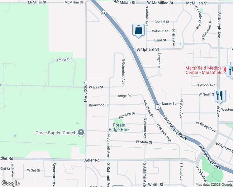 map of restaurants, bars, coffee shops, grocery stores, and more near 1128 Ridge Road in Marshfield