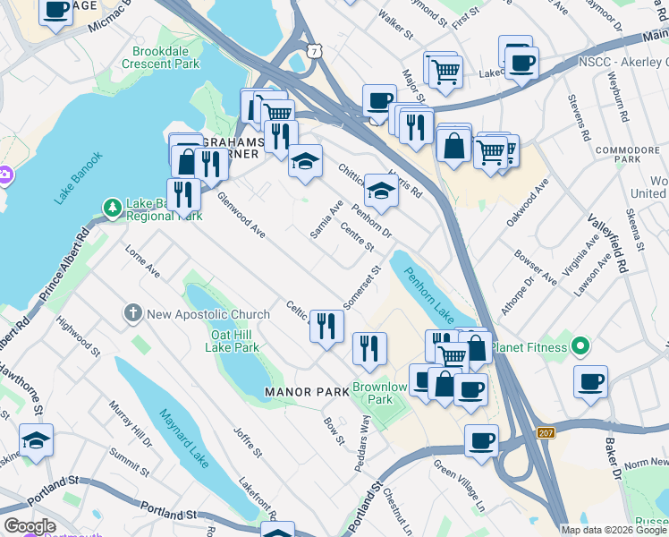 map of restaurants, bars, coffee shops, grocery stores, and more near 36 Regent Drive in Dartmouth