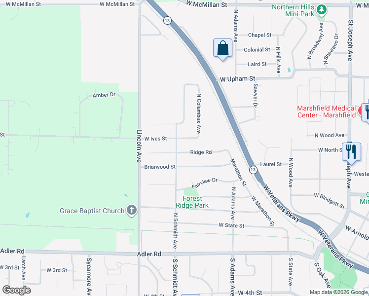 map of restaurants, bars, coffee shops, grocery stores, and more near 1140 Ridge Road in Marshfield