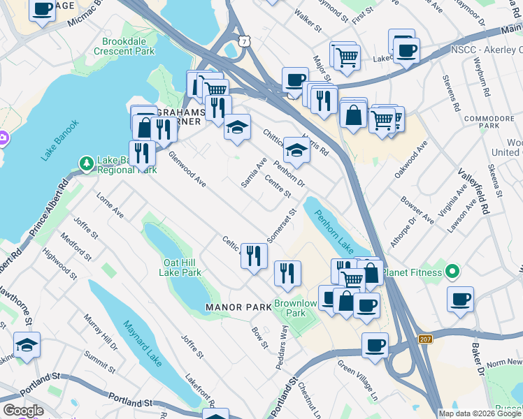 map of restaurants, bars, coffee shops, grocery stores, and more near 36 Regent Drive in Dartmouth