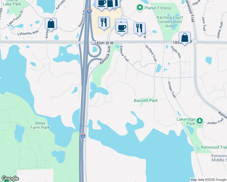 map of restaurants, bars, coffee shops, grocery stores, and more near 18870 Kanabec Trail in Lakeville