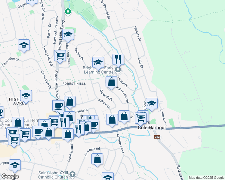 map of restaurants, bars, coffee shops, grocery stores, and more near 159 Amaranth Crescent in Dartmouth