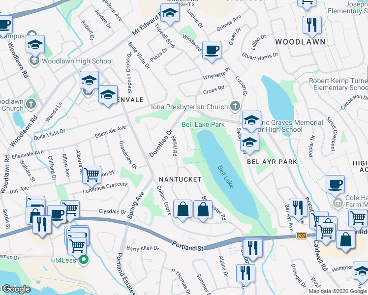 map of restaurants, bars, coffee shops, grocery stores, and more near 16 Donview Drive in Dartmouth