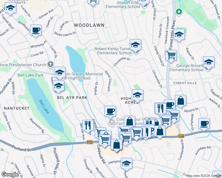 map of restaurants, bars, coffee shops, grocery stores, and more near 84 Sirius Crescent in Dartmouth