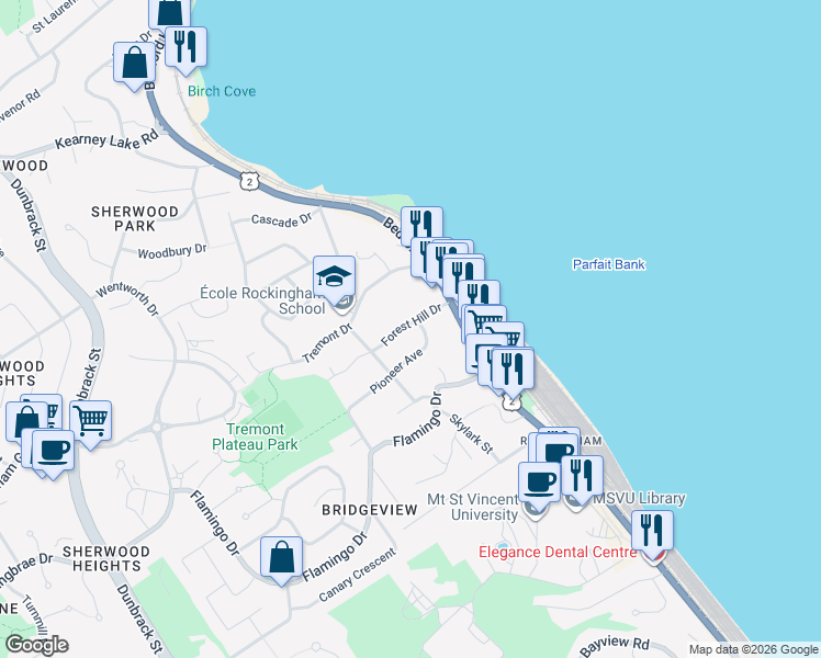 map of restaurants, bars, coffee shops, grocery stores, and more near 18 Forest Hill Drive in Halifax