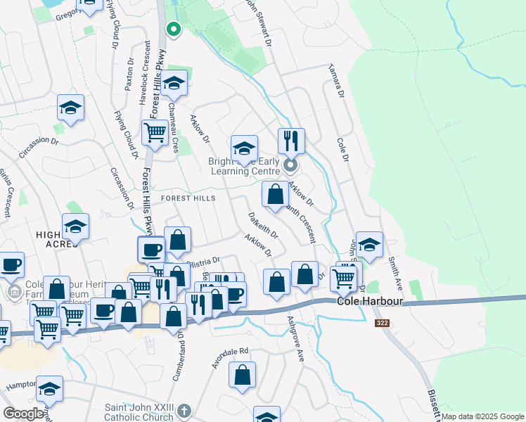 map of restaurants, bars, coffee shops, grocery stores, and more near 146 Amaranth Crescent in Dartmouth