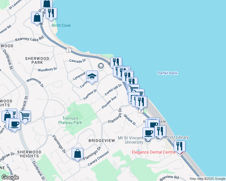 map of restaurants, bars, coffee shops, grocery stores, and more near 18 Forest Hill Drive in Halifax