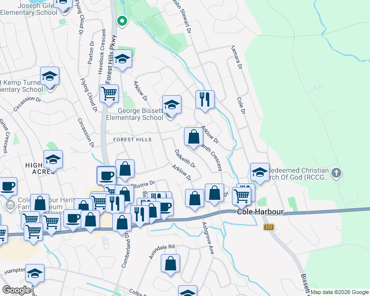 map of restaurants, bars, coffee shops, grocery stores, and more near 146 Amaranth Crescent in Dartmouth