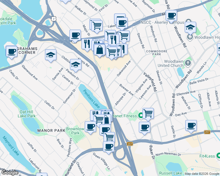 map of restaurants, bars, coffee shops, grocery stores, and more near 42 Oakwood Avenue in Dartmouth