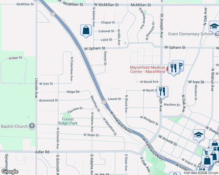 map of restaurants, bars, coffee shops, grocery stores, and more near 622 West Laurel Court in Marshfield