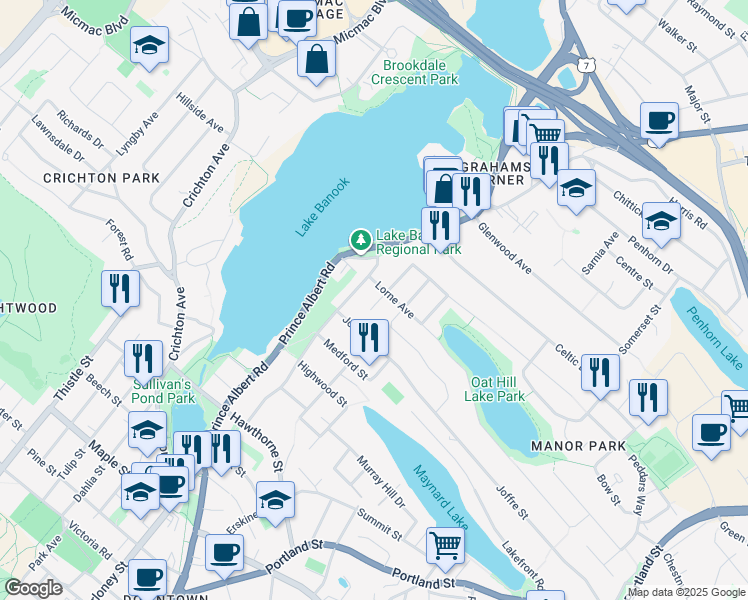 map of restaurants, bars, coffee shops, grocery stores, and more near 7 Benview Drive in Dartmouth