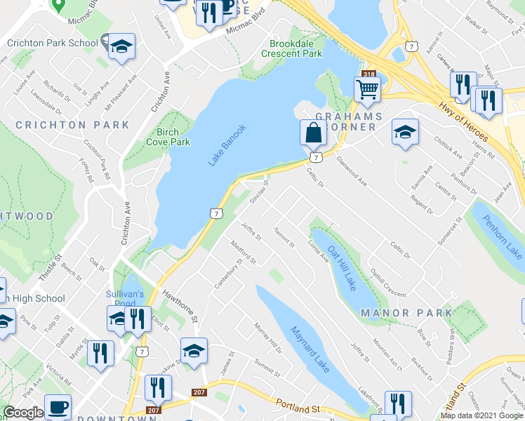 map of restaurants, bars, coffee shops, grocery stores, and more near 7 Benview Drive in Dartmouth