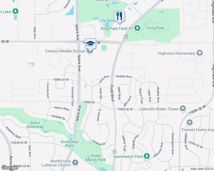 map of restaurants, bars, coffee shops, grocery stores, and more near 18880 Inlet Road in Lakeville