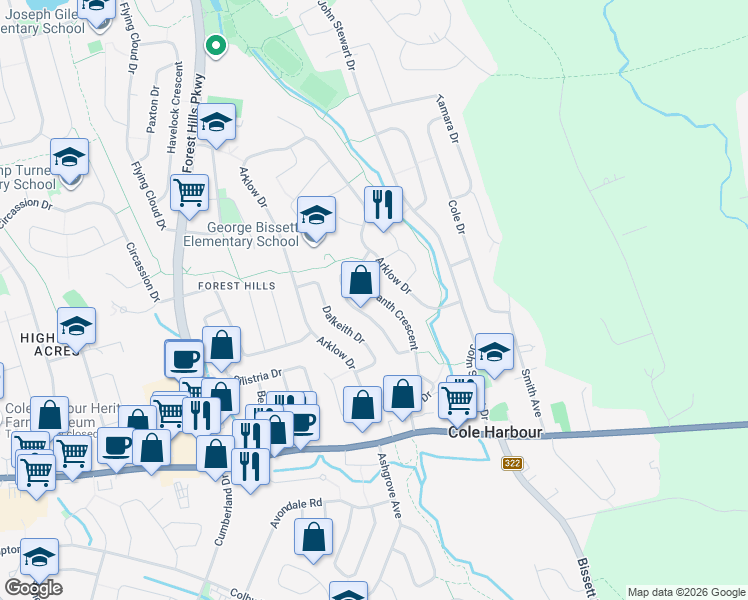 map of restaurants, bars, coffee shops, grocery stores, and more near 85 Amaranth Crescent in Dartmouth
