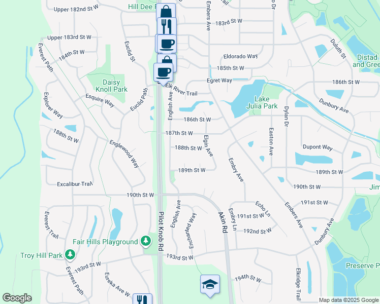map of restaurants, bars, coffee shops, grocery stores, and more near 5392 188th Street West in Farmington
