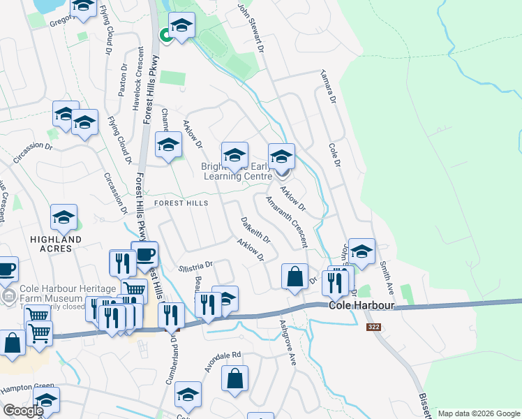 map of restaurants, bars, coffee shops, grocery stores, and more near 143 Amaranth Crescent in Dartmouth