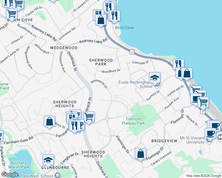 map of restaurants, bars, coffee shops, grocery stores, and more near 11 Theresa McNeil Grove in Halifax