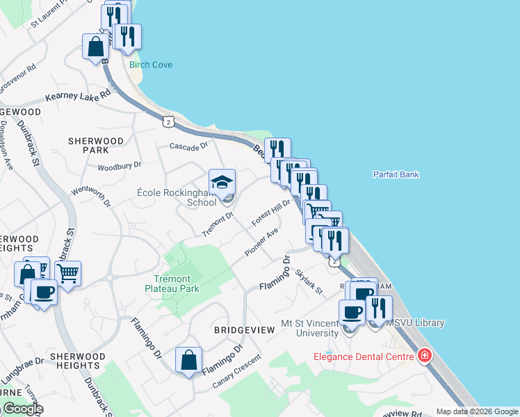 map of restaurants, bars, coffee shops, grocery stores, and more near 21 Forest Hill Drive in Halifax