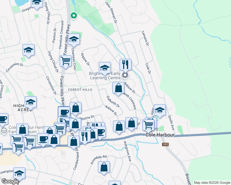 map of restaurants, bars, coffee shops, grocery stores, and more near 143 Amaranth Crescent in Dartmouth