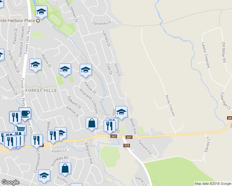 map of restaurants, bars, coffee shops, grocery stores, and more near 30 Cole Drive in Dartmouth