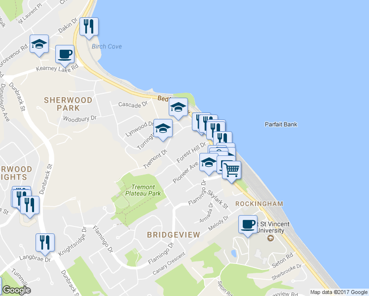 map of restaurants, bars, coffee shops, grocery stores, and more near 21 Forest Hill Drive in Halifax