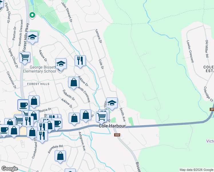 map of restaurants, bars, coffee shops, grocery stores, and more near 30 Cole Drive in Dartmouth