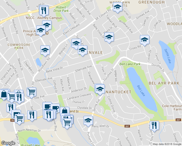 map of restaurants, bars, coffee shops, grocery stores, and more near 8 Grandview Drive in Dartmouth