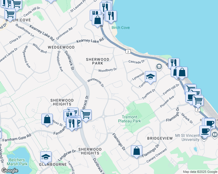 map of restaurants, bars, coffee shops, grocery stores, and more near 15 Theresa McNeil Grove in Halifax