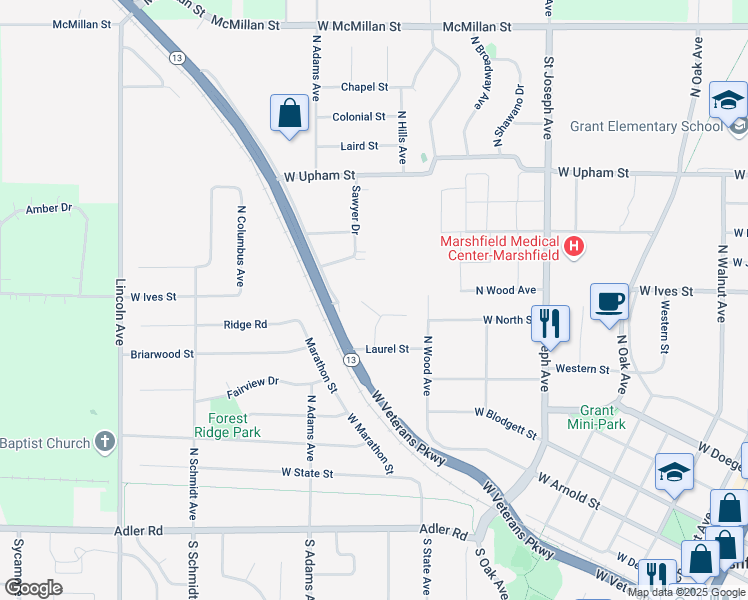 map of restaurants, bars, coffee shops, grocery stores, and more near 910 Sawyer Drive in Marshfield