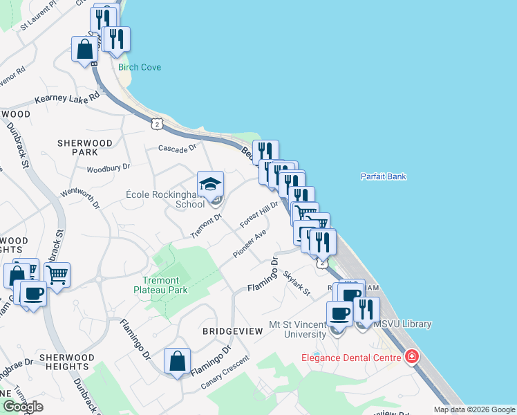 map of restaurants, bars, coffee shops, grocery stores, and more near 15 Forest Hill Drive in Halifax