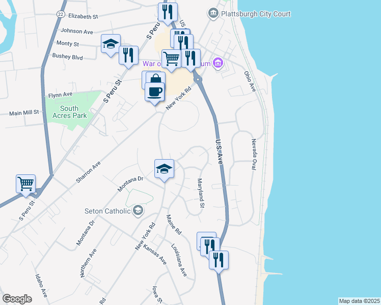 map of restaurants, bars, coffee shops, grocery stores, and more near 15 Maryland Road in Plattsburgh