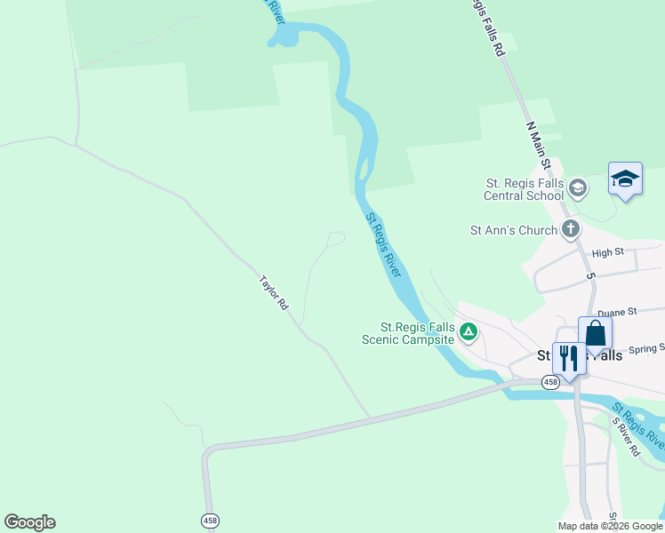 map of restaurants, bars, coffee shops, grocery stores, and more near 86 Hewitt Road in Saint Regis Falls