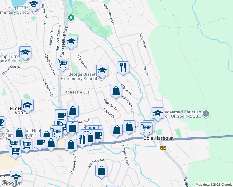 map of restaurants, bars, coffee shops, grocery stores, and more near 97 Amaranth Crescent in Dartmouth