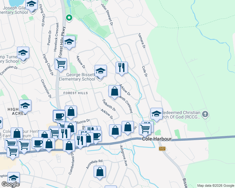 map of restaurants, bars, coffee shops, grocery stores, and more near 97 Amaranth Crescent in Dartmouth
