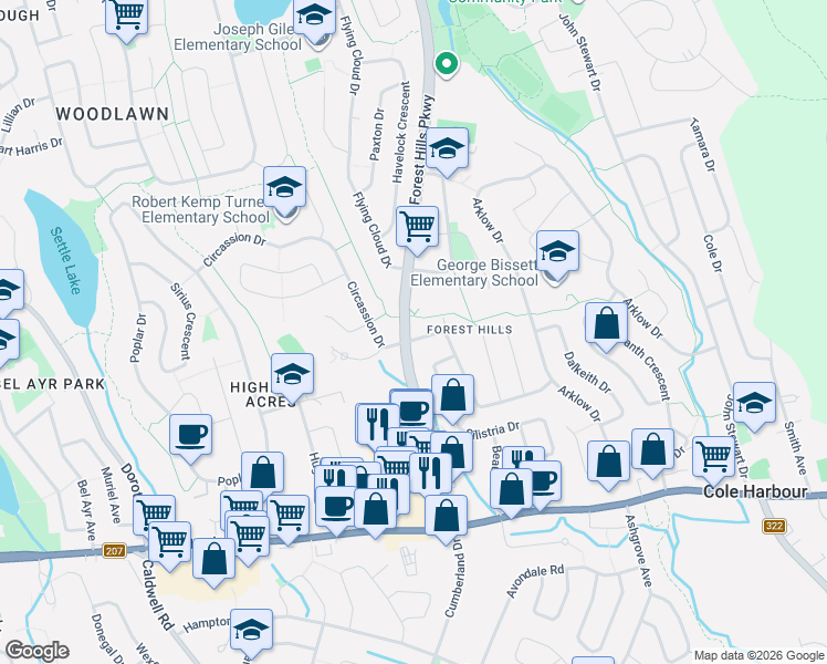 map of restaurants, bars, coffee shops, grocery stores, and more near 165 Merrimac Drive in Dartmouth
