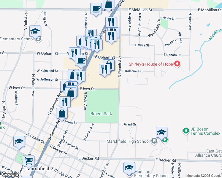 map of restaurants, bars, coffee shops, grocery stores, and more near 501 East Ives Street in Marshfield