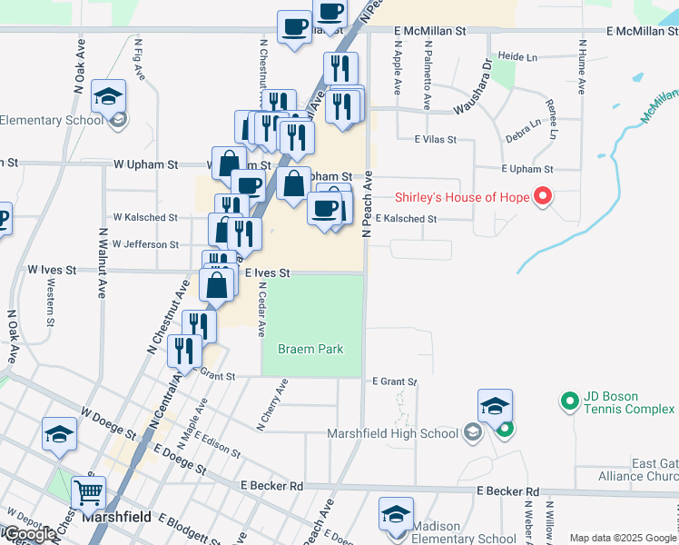 map of restaurants, bars, coffee shops, grocery stores, and more near 501 East Ives Street in Marshfield