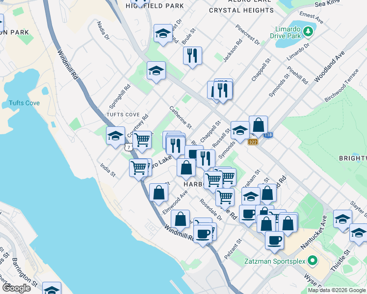 map of restaurants, bars, coffee shops, grocery stores, and more near 46 Albro Lake Road in Dartmouth