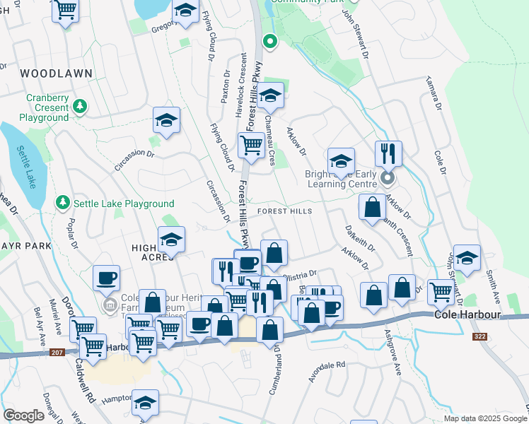 map of restaurants, bars, coffee shops, grocery stores, and more near 141 Merrimac Drive in Dartmouth
