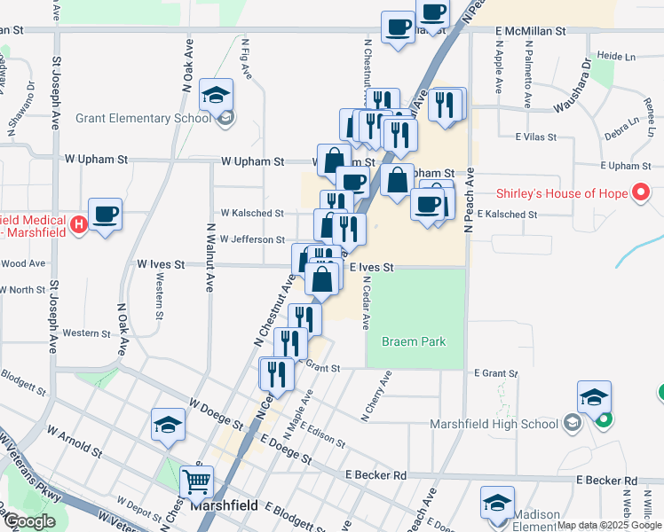 map of restaurants, bars, coffee shops, grocery stores, and more near 9 West Ives Street in Marshfield