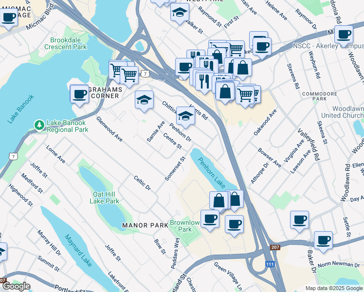 map of restaurants, bars, coffee shops, grocery stores, and more near 38 Penhorn Drive in Dartmouth
