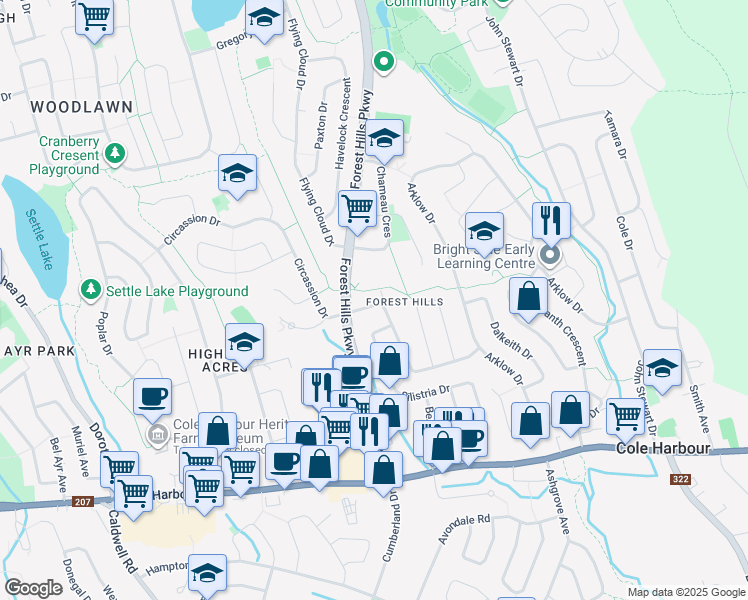 map of restaurants, bars, coffee shops, grocery stores, and more near 141 Merrimac Drive in Dartmouth