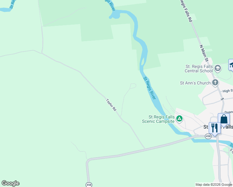 map of restaurants, bars, coffee shops, grocery stores, and more near 86 Hewitt Road in Saint Regis Falls